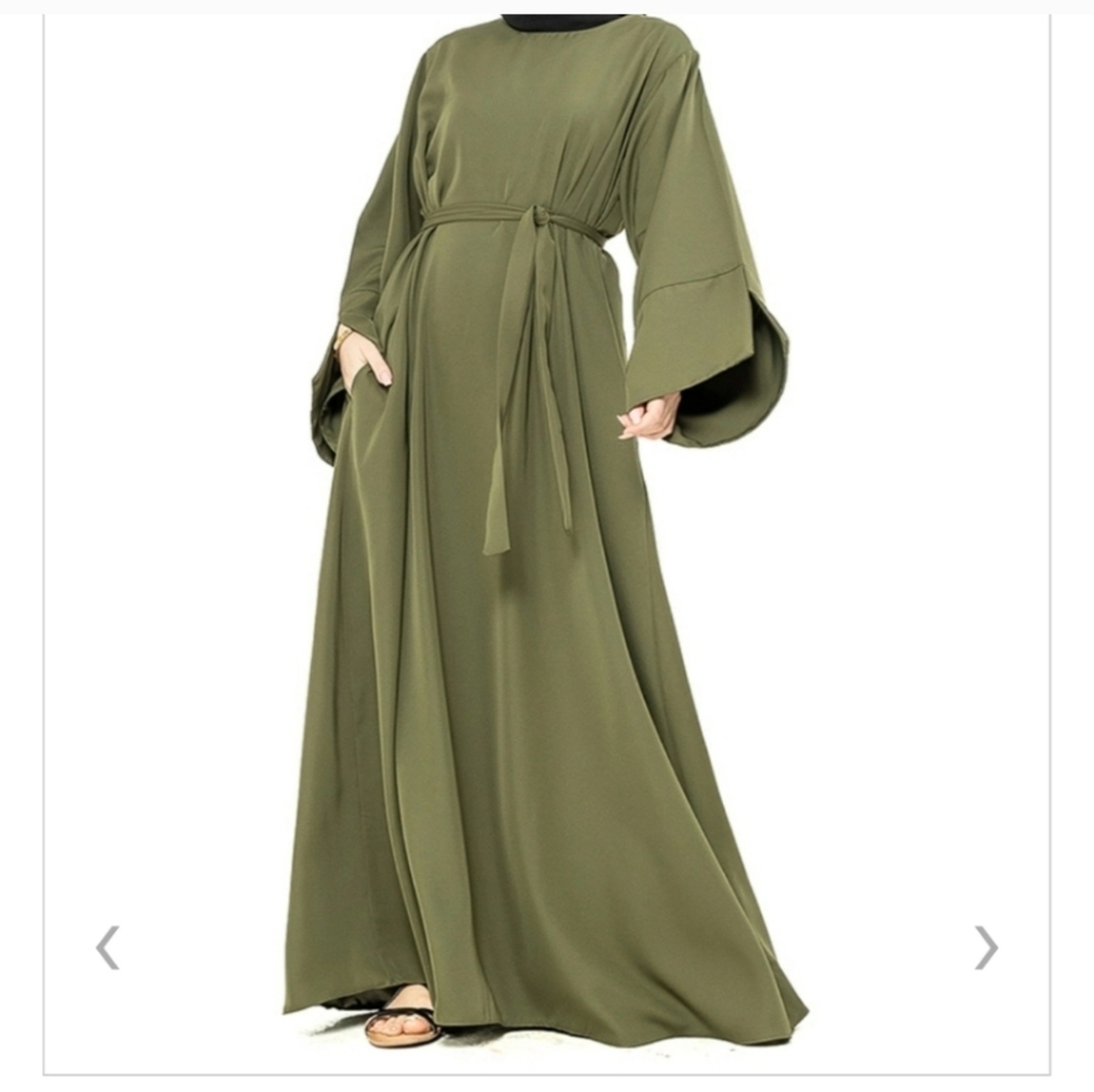 Elegant Olive Green Long Sleeve Maxi Abaya Dress